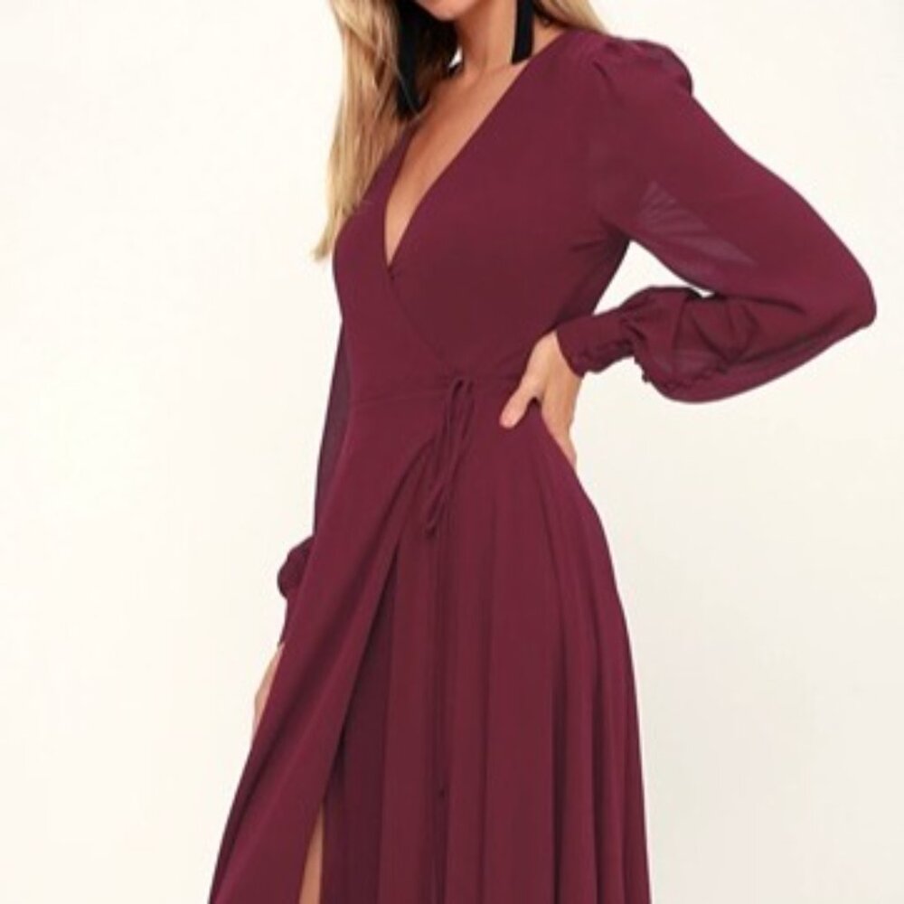 NWT Lulu's Red Wrap Gown with Ruffled Hem and Bishop Sleeves Large - Picture 2 of 12